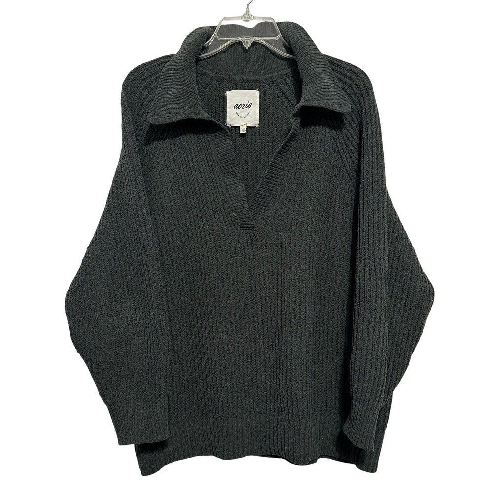 Aerie Sweater Women Large Gray Oversized V-Neck Collared Shaker Knit Pullover